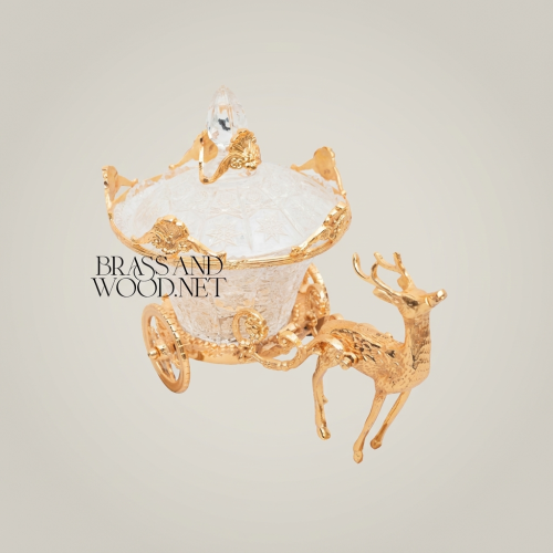 Baroque Crystal Carriage Candy Dish with Stag Figurine — Ornate Lidded Decorative Bowl