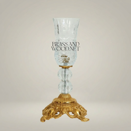 Baroque Hand-Cut Crystal Hurricane Candle Goblet Ornate Brass Base Brass and Wood Gold Front | Brass & Wood