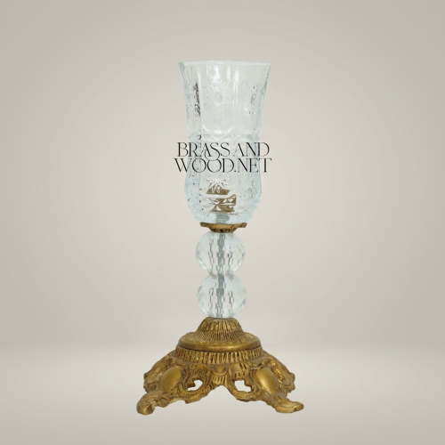 Baroque Hand-Cut Crystal Hurricane Candle Goblet Ornate Brass Base Brass and Wood Gold Front | Brass & Wood