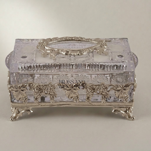 Baroque Crystal Metal Tissue Box Grapevine Appliqué Scroll Feet Heavily Ornate silver Front | Brass & Wood