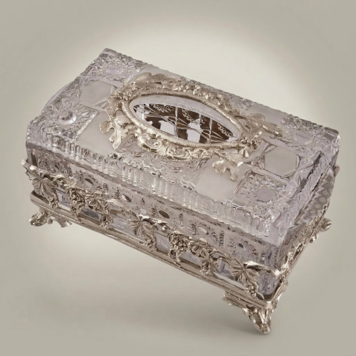 Baroque Crystal Metal Tissue Box Grapevine Appliqué Scroll Feet Heavily Ornate silver Front | Brass & Wood
