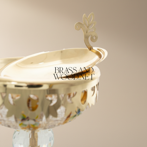 Baroque Crystal-Stem Brass Incense Burner with Enamel-Painted Bowl & Acanthus Lid Finial