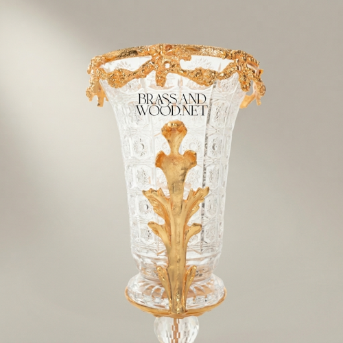 Baroque Crystal Vase with Ormolu Acanthus Mounts & Floral Rim — Trumpet-Form Pedestal