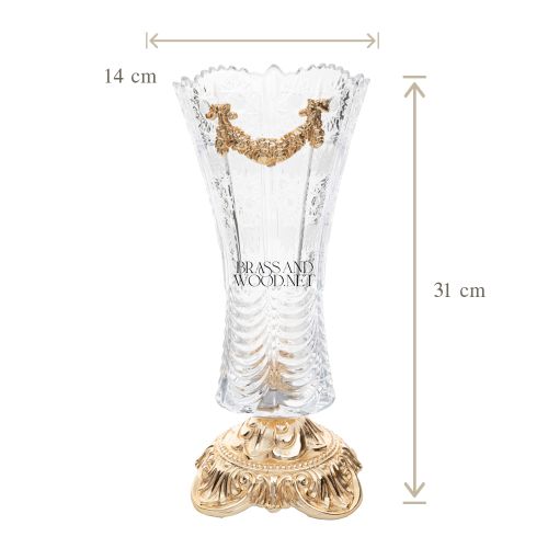 Baroque Crystal Trumpet Vase Ornate Brass Acanthus Base Swag Mount Brass and Wood Gold Front | Brass & Wood