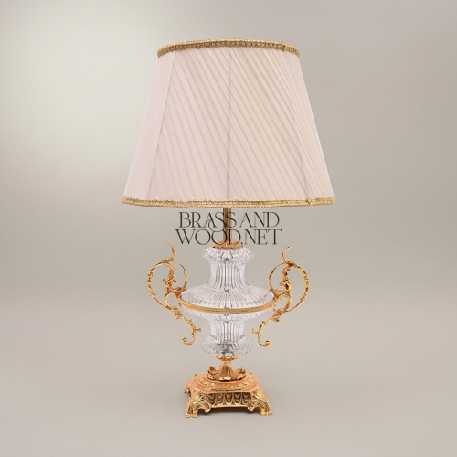 Baroque Crystal Urn Table Lamp with Ornate Scrolled Brass Handles and Pleated Fabric Shade Gold Front | Brass & Wood
