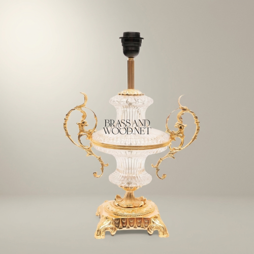 Baroque Crystal Urn Table Lamp with Ornate Scrolled Brass Handles and Pleated Fabric Shade Gold Front | Brass & Wood