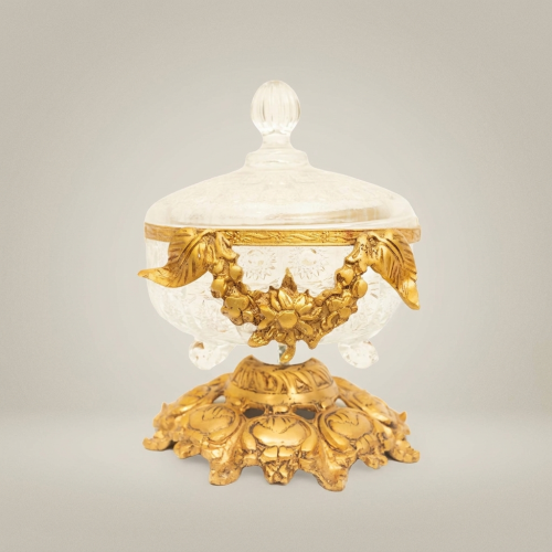 Baroque Handcrafted Engraved Glass Bonbonniere with Brass Floral Swag Pedestal and Lid Gold Front | Brass & Wood