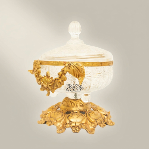 Baroque Handcrafted Engraved Glass Bonbonniere with Brass Floral Swag Pedestal and Lid Gold Front | Brass & Wood