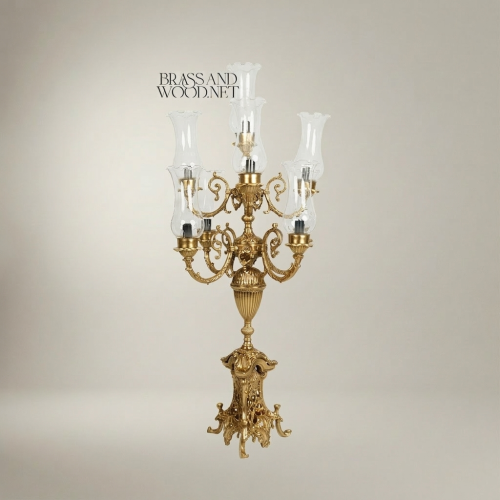 Baroque Five-Arm Brass Candelabra Table Lamp with Hurricane Glass Shades Ornate Scrollwork Gold Front | Brass & Wood