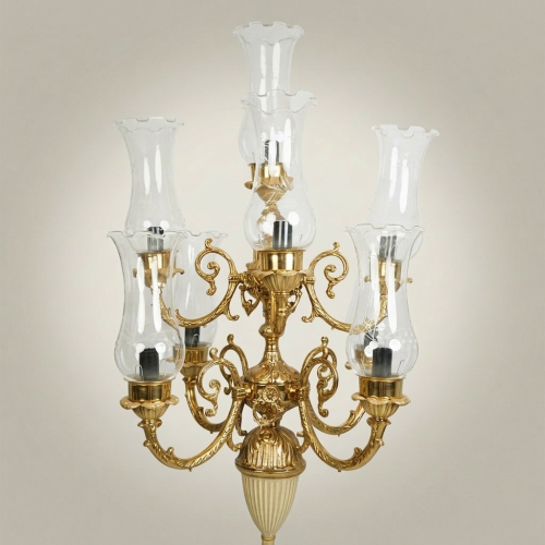 Baroque Five-Arm Brass Candelabra Table Lamp with Hurricane Glass Shades Ornate Scrollwork Gold Front | Brass & Wood