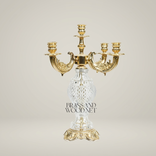 Baroque Five-Arm Candelabra with Diamond-Cut Crystal Sphere & Acanthus Brass Base