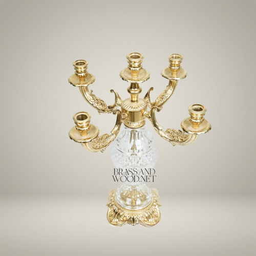 Baroque Five-Arm Candelabra with Diamond-Cut Crystal Sphere & Acanthus Brass Base
