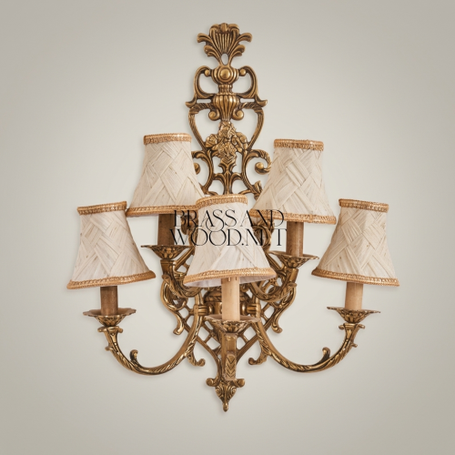 Baroque Five-Arm Cast Brass Wall Sconce with Woven Cream Shades & Anthemion Crest