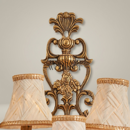 Baroque Five-Arm Cast Brass Wall Sconce with Woven Cream Shades & Anthemion Crest