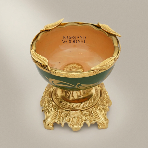 Baroque Gilt-Brass & Forest Green Ceramic Pedestal Ashtray - Acanthus Scroll Base