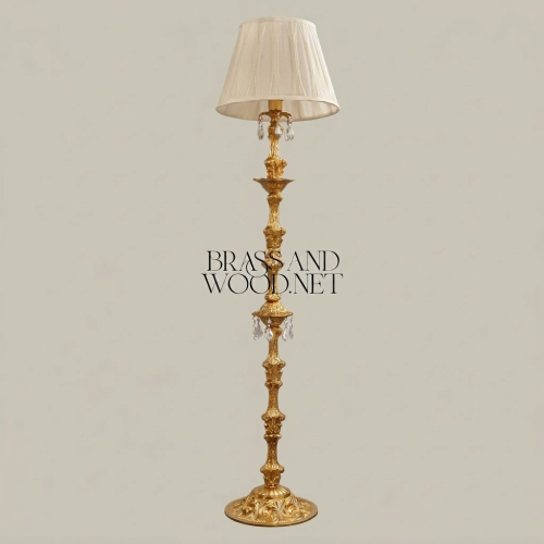 Baroque Hand-Carved Brass Floor Lamp with Crystal Drops & Pleated Ivory Shade