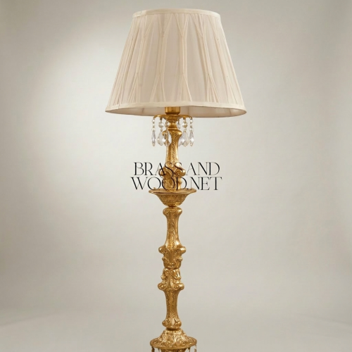 Baroque Hand-Carved Brass Floor Lamp with Crystal Drops & Pleated Ivory Shade