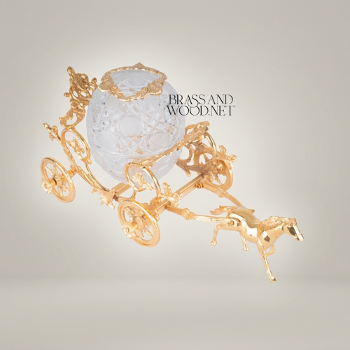 Baroque Horse-Drawn Carriage Tissue Box Ornate Brass Crystal Globe Luxury Decor Gold Front | Brass & Wood