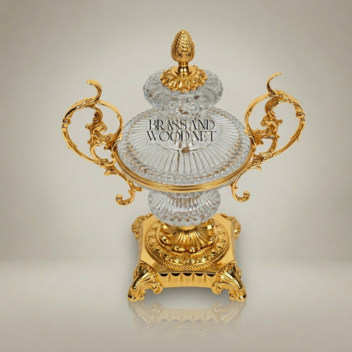 Baroque Lidded Crystal & Brass Urn Vase with Acanthus Scroll Handles