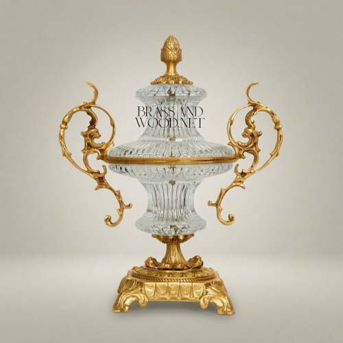 Baroque Lidded Crystal & Brass Urn Vase with Acanthus Scroll Handles