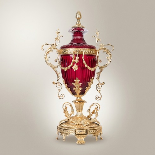 Baroque Lidded Ruby Crystal Urn Vase with Gilt Brass Scrollwork Handles and Ornate Base Gold Front | Brass & Wood