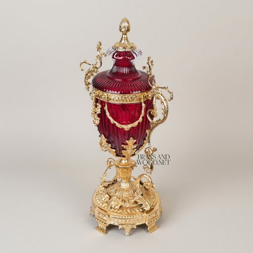 Baroque Lidded Ruby Crystal Urn Vase with Gilt Brass Scrollwork Handles and Ornate Base Gold Front | Brass & Wood