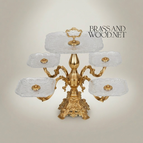 Baroque Multi-Tier Brass and Glass Candy Centerpiece Ornate 6-Arm Stand Brass and Wood Gold Front | Brass & Wood