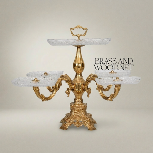 Baroque Multi-Tier Brass and Glass Candy Centerpiece Ornate 6-Arm Stand Brass and Wood Gold Front | Brass & Wood