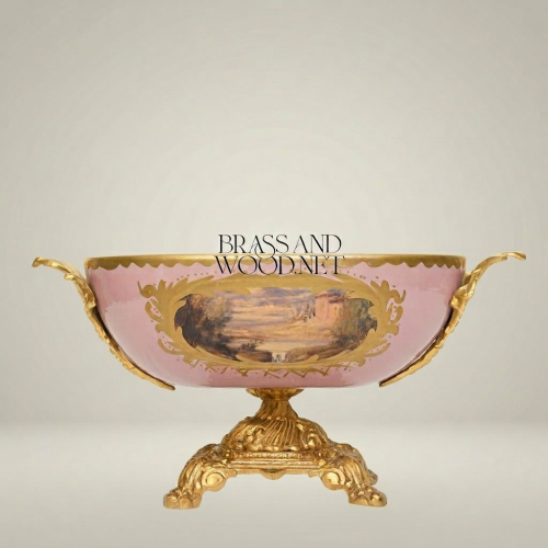 Baroque Footed Porcelain Centerpiece Bowl Hand-Painted Landscape Brass Mounts Brass and Wood Gold Front | Brass & Wood
