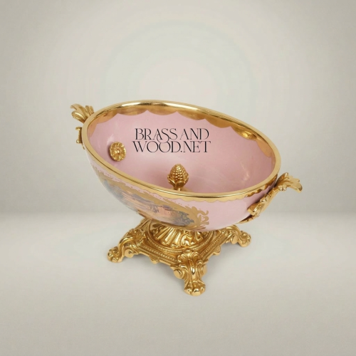 Baroque Footed Porcelain Centerpiece Bowl Hand-Painted Landscape Brass Mounts Brass and Wood Gold Front | Brass & Wood