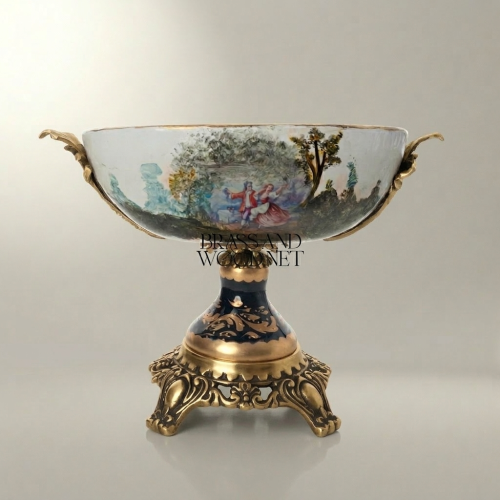 Baroque Hand-Painted Porcelain Pedestal Candy Dish with Ornate Brass Base Romantic Scene Gold Front | Brass & Wood