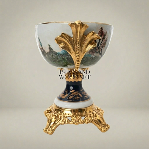 Baroque Hand-Painted Porcelain Pedestal Candy Dish with Ornate Brass Base Romantic Scene Gold Front | Brass & Wood