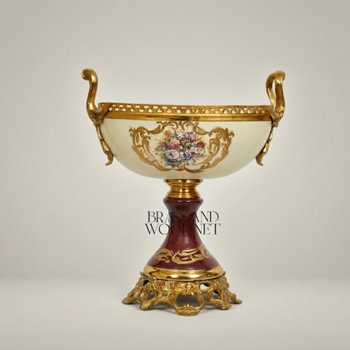 Baroque Porcelain Brass Pedestal Compote Bowl Floral Hand-Painted Luxury Centerpiece Gold Front | Brass & Wood