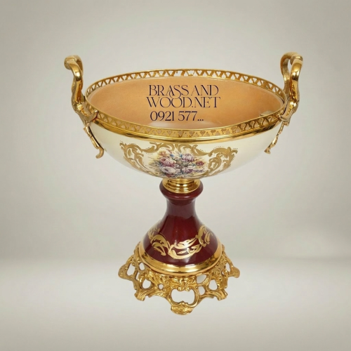 Baroque Porcelain Brass Pedestal Compote Bowl Floral Hand-Painted Luxury Centerpiece Gold Front | Brass & Wood