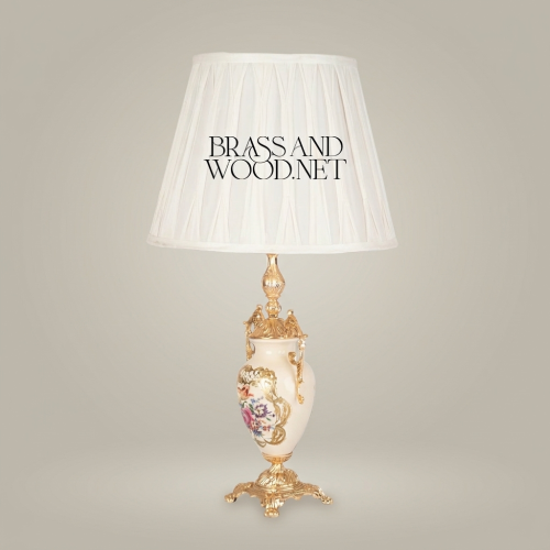 Baroque Handcrafted Porcelain Urn Table Lamp Floral Hand-Painted Brass Rococo Base White Pleated Shade Gold Front | Brass & Wood