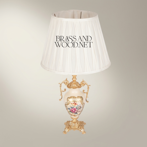 Baroque Handcrafted Porcelain Urn Table Lamp Floral Hand-Painted Brass Rococo Base White Pleated Shade Gold Front | Brass & Wood