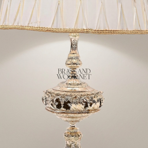 Baroque Repoussé Brass Table Lamp with Pleated Fabric Shade