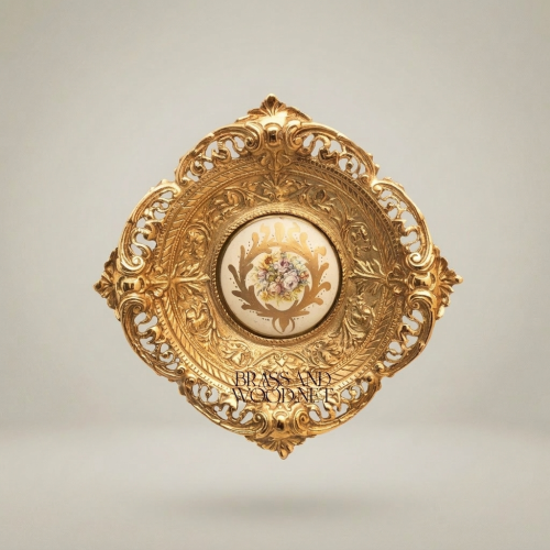Baroque Reticulated Brass Wall Plaque with Floral Ceramic Medallion