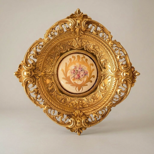 Baroque Reticulated Brass Wall Plaque with Floral Ceramic Medallion