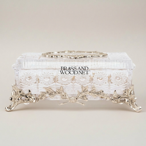 Baroque Revival Heavily Ornate Cut-Crystal Tissue Box with Laurel Wreath Metal Frame and Scroll Feet silver Front | Brass & Wood
