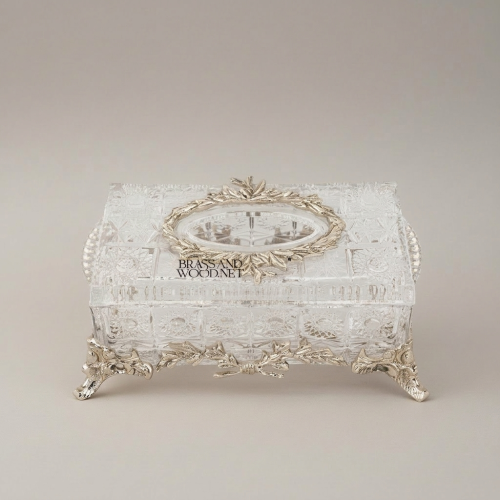 Baroque Revival Heavily Ornate Cut-Crystal Tissue Box with Laurel Wreath Metal Frame and Scroll Feet silver Front | Brass & Wood