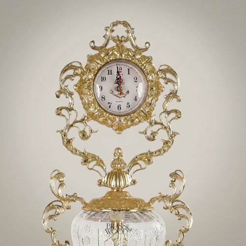 Baroque Rococo Brass & Crystal Urn Stand Clock with Acanthus Scrollwork