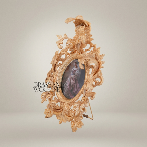 Baroque Rococo Heavily Ornate Brass Photo Frame Oval Aperture Acanthus Eagle Crest Gold Front | Brass & Wood