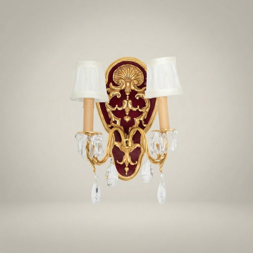 Baroque Rococo Two-Arm Wall Sconce Crimson Backplate Acanthus Scrolls Crystal Drops Cream Candle Shades Gold Front | Brass & Wood