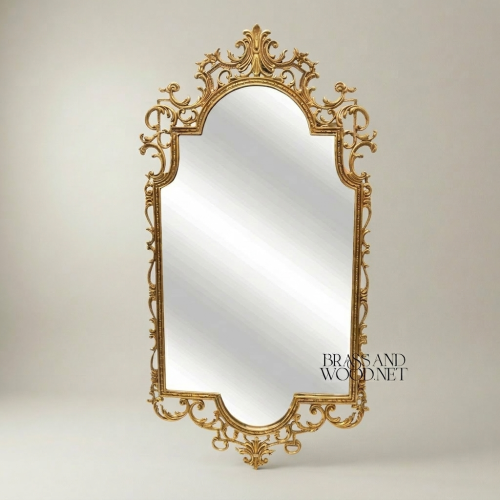 Baroque Rococo Hand-Carved Wall Mirror Open Scrollwork Acanthus Crown Gilded Frame Brass and Wood Gold Front | Brass & Wood