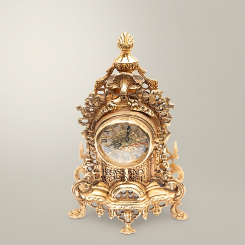 Baroque Rococo Hand-Cast Brass Mantel Clock with Openwork Scrollwork & Shell Finial