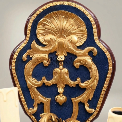 Baroque Rococo Two-Arm Brass Crystal Wall Sconce Navy Velvet Backplate Acanthus Carved Gold Front | Brass & Wood