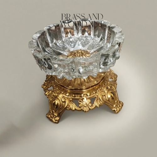 Baroque Scrollwork Brass & Crystal Ashtray with Acanthus Claw-Foot Stand