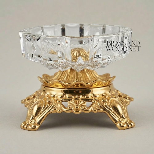 Baroque Scrollwork Brass & Crystal Ashtray with Acanthus Claw-Foot Stand