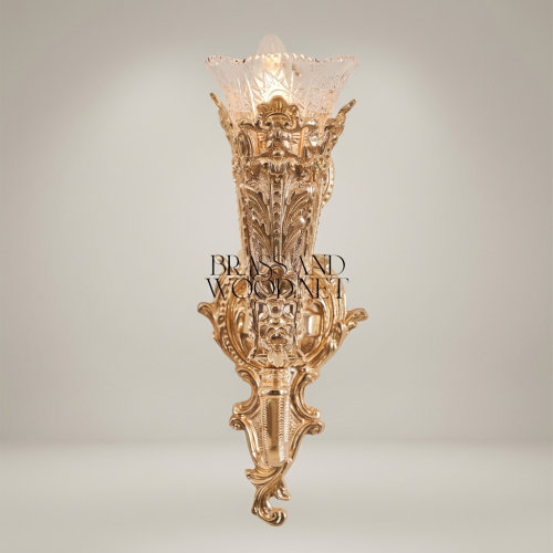 Baroque Torchère Brass Wall Sconce Acanthus Relief Cut-Glass Shade Brass and Wood Gold Front | Brass & Wood